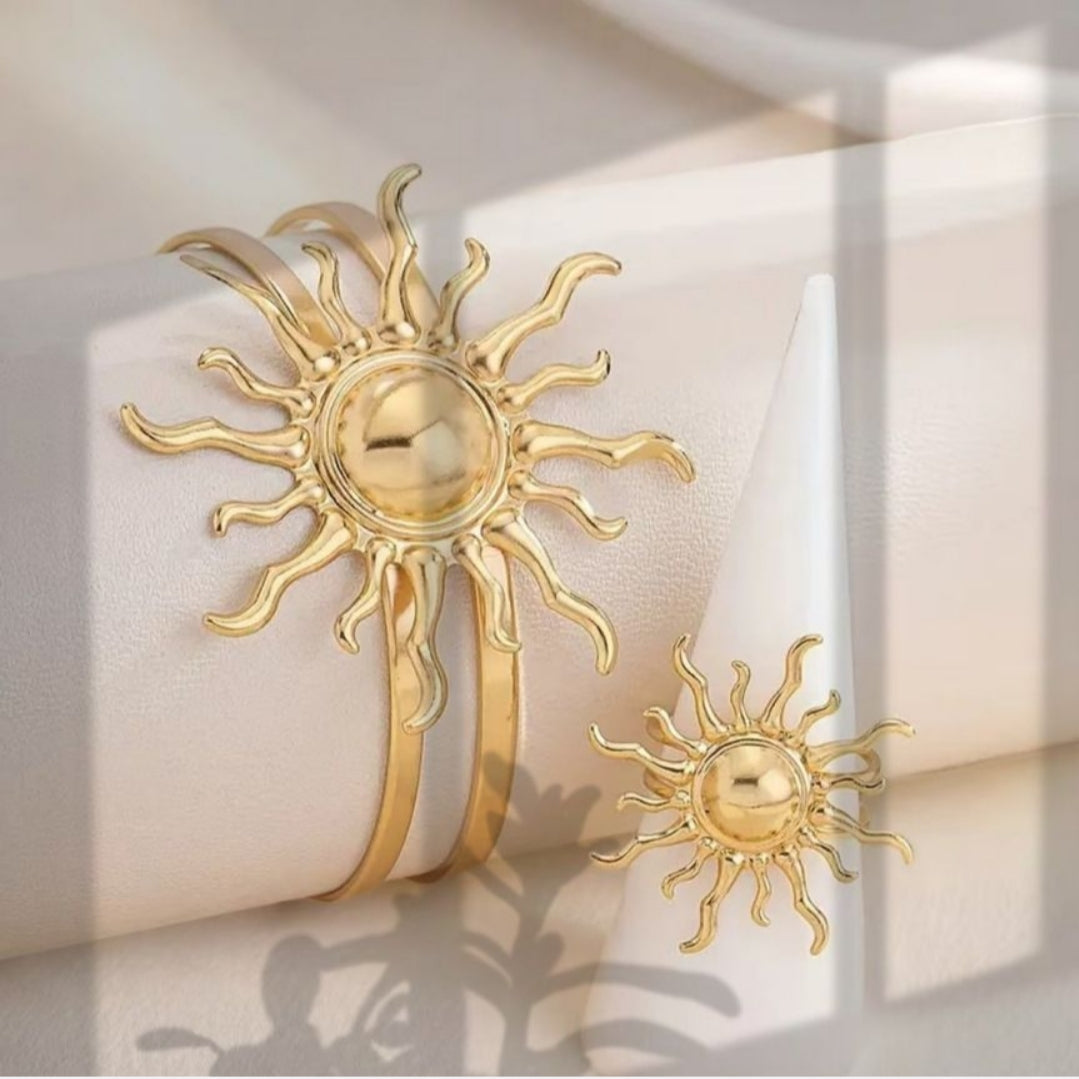 Gold Sun Bracelet Ring Set,Bohemia Retro Adjustable Statement Jewelry - 2 Piece