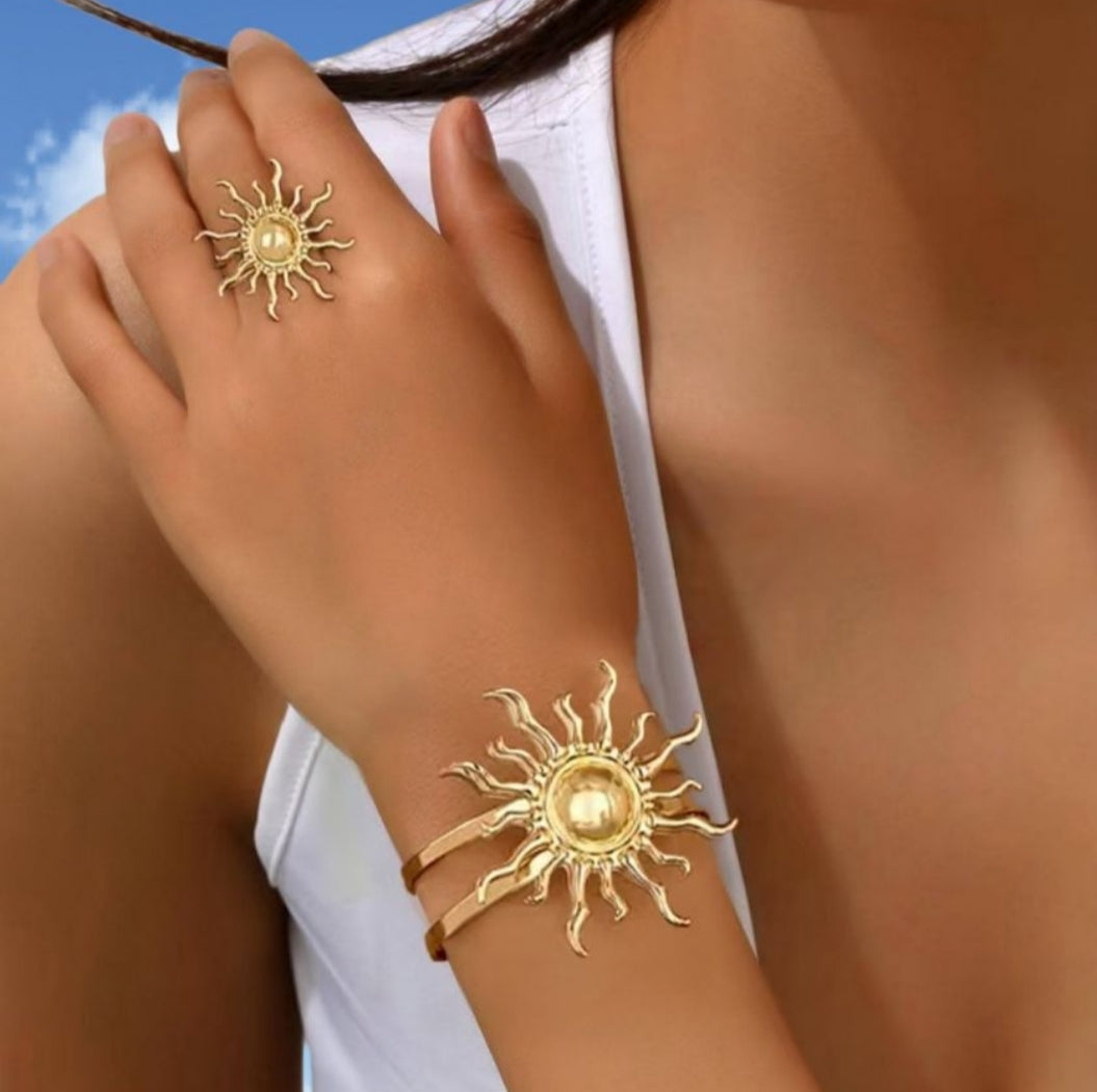 Gold Sun Bracelet Ring Set,Bohemia Retro Adjustable Statement Jewelry - 2 Piece